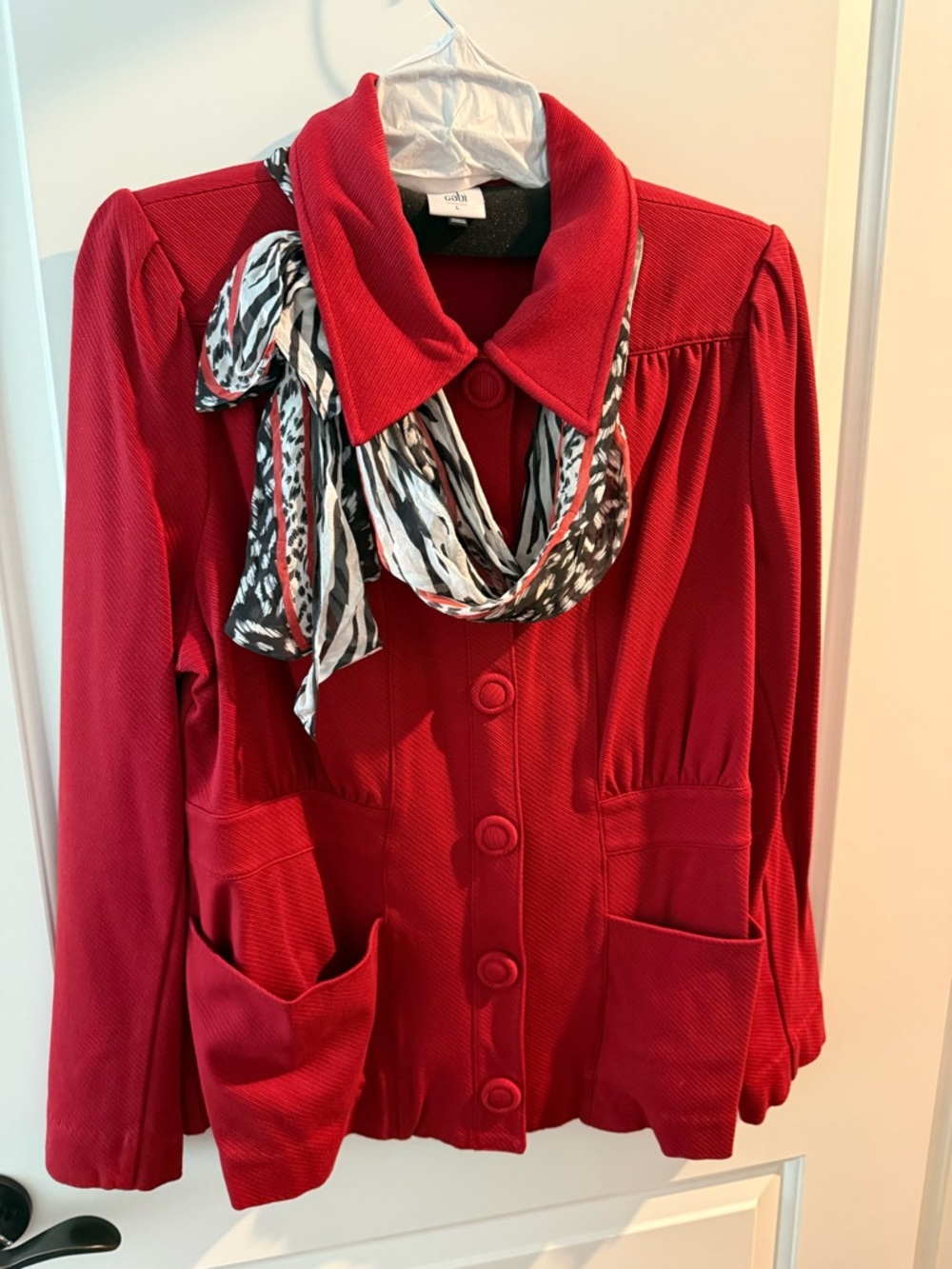 CAbi Red Collared Jacket with Patterned Scarf Accent